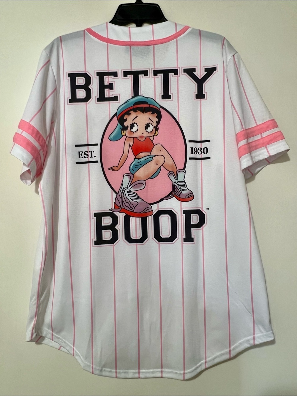 Betty Boop White Baseball Jersey with Pink Pinstripes